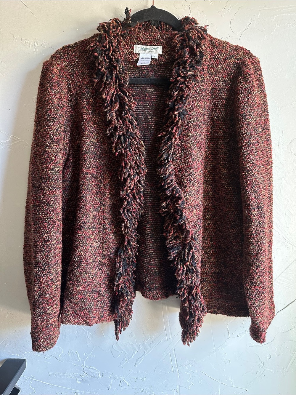 Fringe Jacket Open Front Boucle Knit Boho Artsy Cardigan Coldwater Creek Sz S